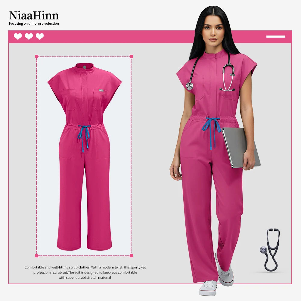Niaahinn Operating Room Scrub Uniform Full Outfit & Veterinary Nurse Uniform with Bat Sleeve One-Piece Pet Grooming Work Clothes