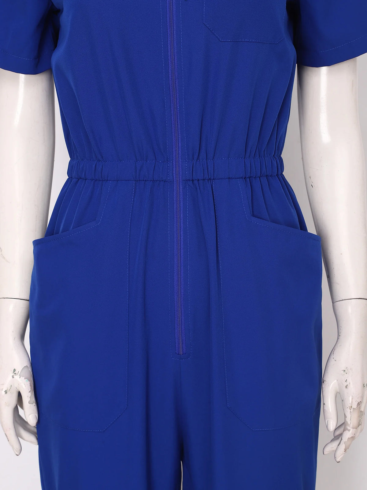 Women Short Sleeve Scrub Jumpsuit Multi-pockets Zipper Elastic Waist Jogger Pants Rompers Nurse Doctor Workwear Medical Uniform