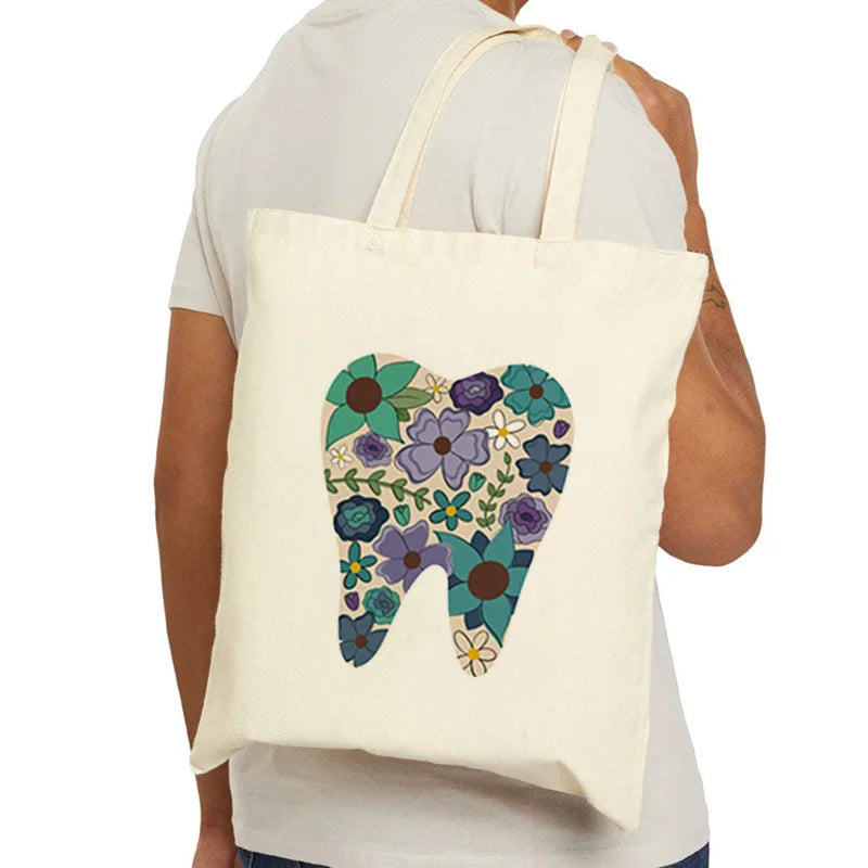 Tooth Dentist Printed Shoulder Bag, Reusable Foldable Shopping Tote Bag Lunch Box Bag Handbag with Wristlet Clutch Bag for Women