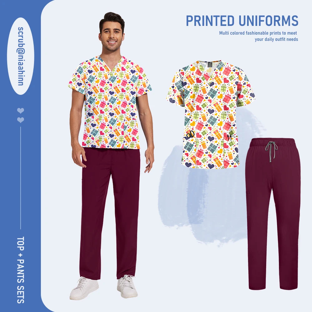 Mens Scrub Nursing Articles Nurse Doctor Work Uniform Unisex Hospital Set High Quality Printed Workwear Veterinary Lab Scrub Set