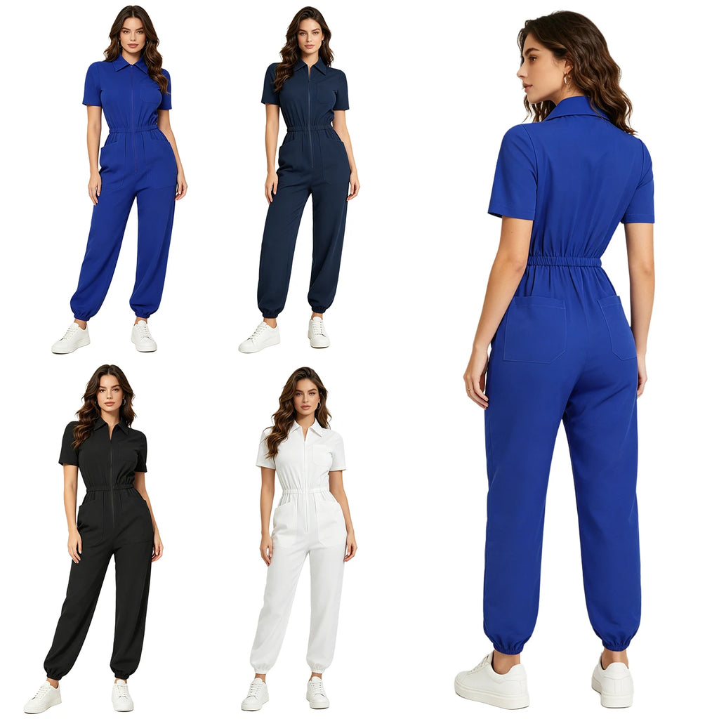 Women Short Sleeve Scrub Jumpsuit Multi-pockets Zipper Elastic Waist Jogger Pants Rompers Nurse Doctor Workwear Medical Uniform