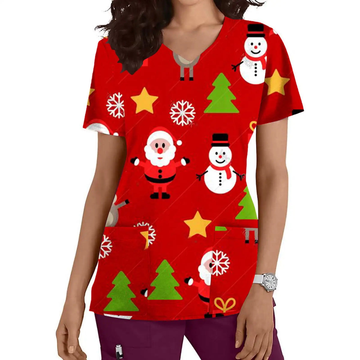 Christmas Medical Scrubs for Women Cartoon Print Dental Nursing Tops Microelastic V-Neck Short Sleeve Top Uniforms Women Medical