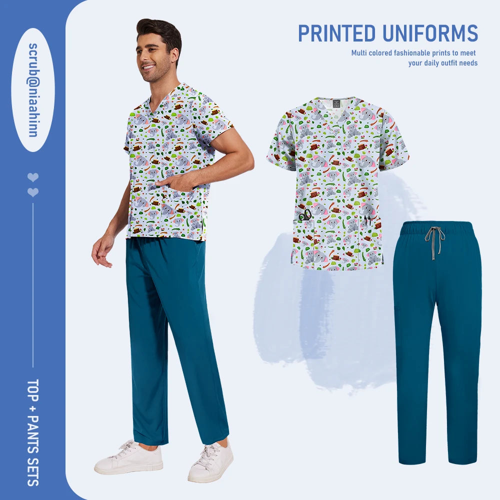 Mens Scrub Nursing Articles Nurse Doctor Work Uniform Unisex Hospital Set High Quality Printed Workwear Veterinary Lab Scrub Set