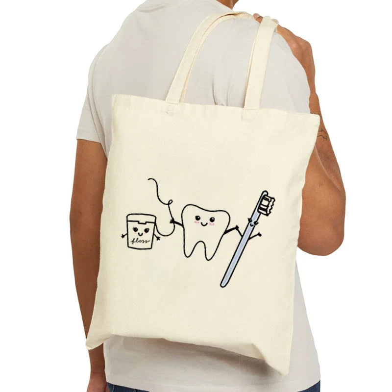 Tooth Dentist Printed Shoulder Bag, Reusable Foldable Shopping Tote Bag Lunch Box Bag Handbag with Wristlet Clutch Bag for Women