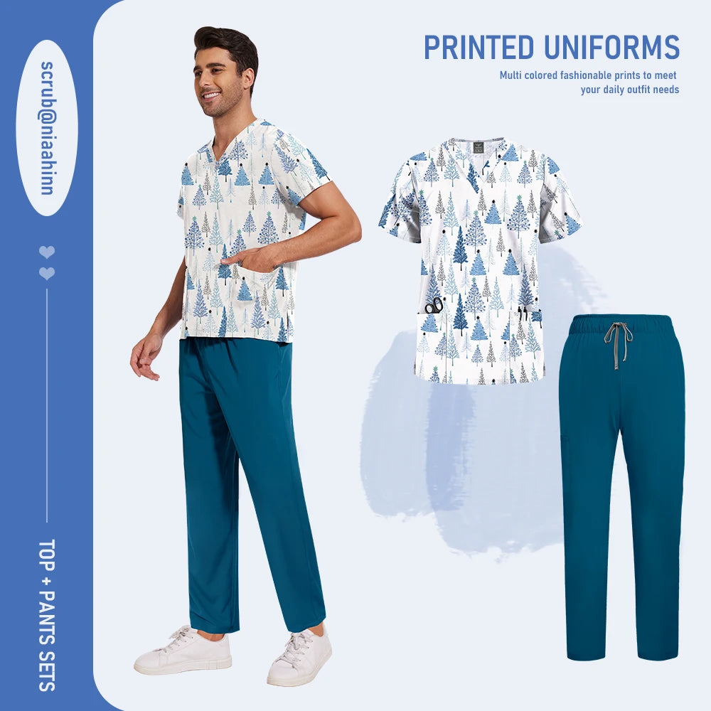 Mens Scrub Nursing Articles Nurse Doctor Work Uniform Unisex Hospital Set High Quality Printed Workwear Veterinary Lab Scrub Set