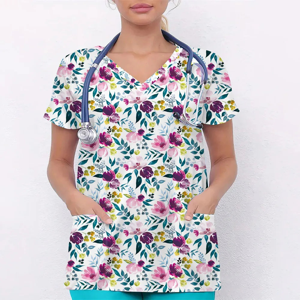Nurse Uniforms Women Short Sleeve V-neck Floral 3D Print Nursed Working  Uniforms With Pockets Medical Uniforms
