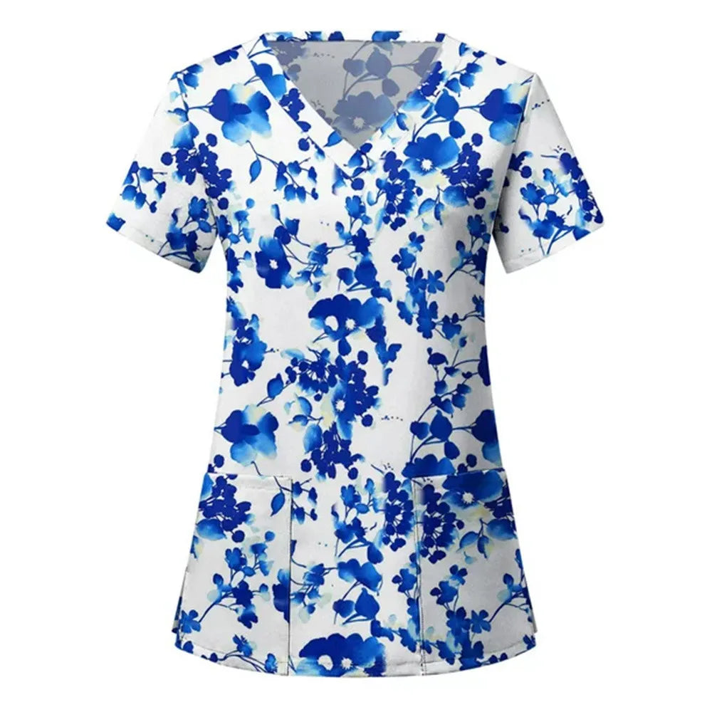 Nurse Uniforms Women Short Sleeve V-neck Floral 3D Print Nursed Working  Uniforms With Pockets Medical Uniforms