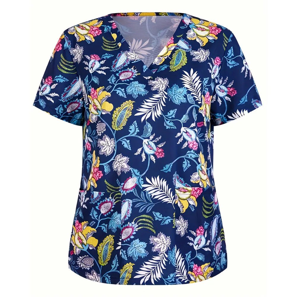 Nurse Uniforms Women Short Sleeve V-neck Floral 3D Print Nursed Working  Uniforms With Pockets Medical Uniforms