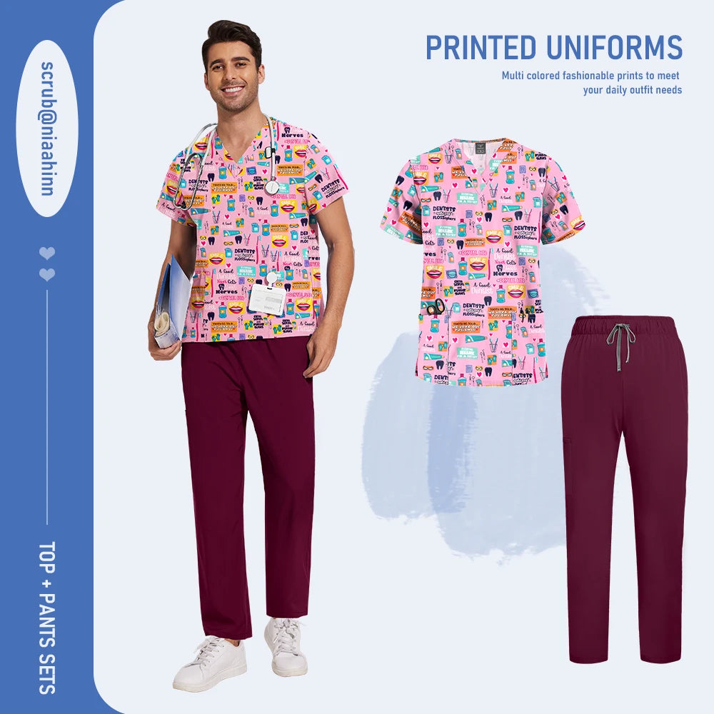 Mens Scrub Nursing Articles Nurse Doctor Work Uniform Unisex Hospital Set High Quality Printed Workwear Veterinary Lab Scrub Set