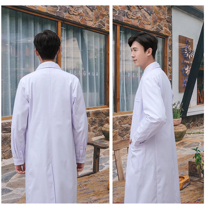 Men WorkwearHospital Clinical Pharmacist  Uniform Long Sleeve White Lab Coat Lapel Collar Button Medical Doctor Blouse Wholesale