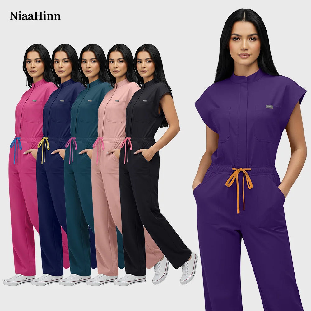 Niaahinn Operating Room Scrub Uniform Full Outfit & Veterinary Nurse Uniform with Bat Sleeve One-Piece Pet Grooming Work Clothes