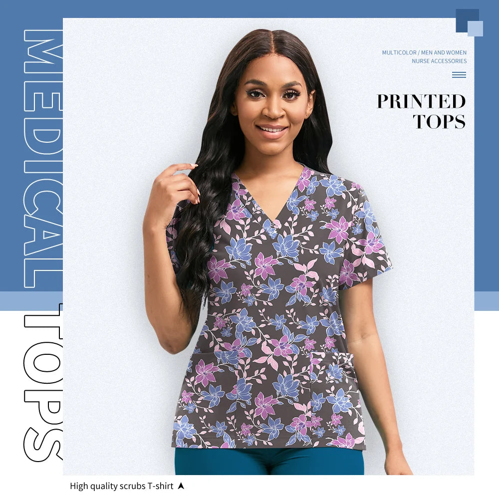 Hospital Nurse Uniforms Women Medical Uniform Print Scrub Top Cotton Dental Clinic Work Clothes Mens Scrubs Short Sleeved Jacket