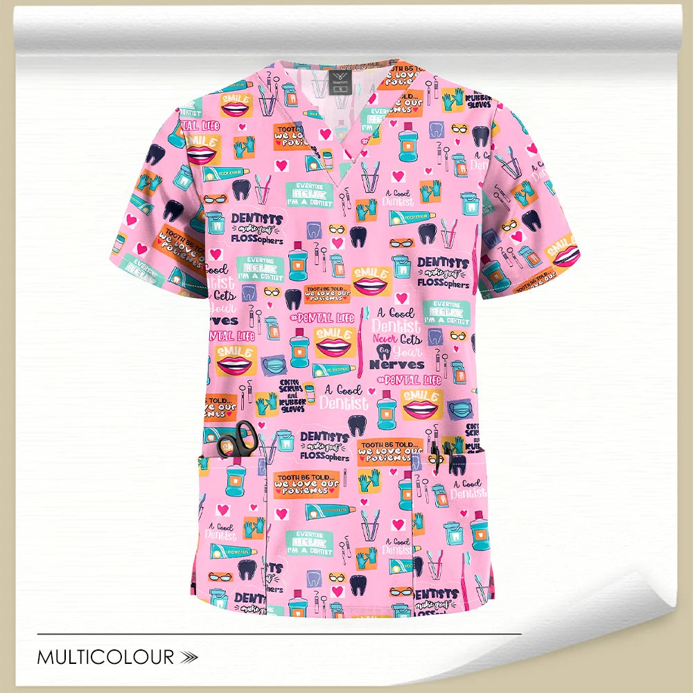 Stretch Cute Cartoon Print Nurse Uniforms Women Men T-shirts Pocket Casual Short Sleeve Pullover V-neck Scrubs Tops Lab Workwear