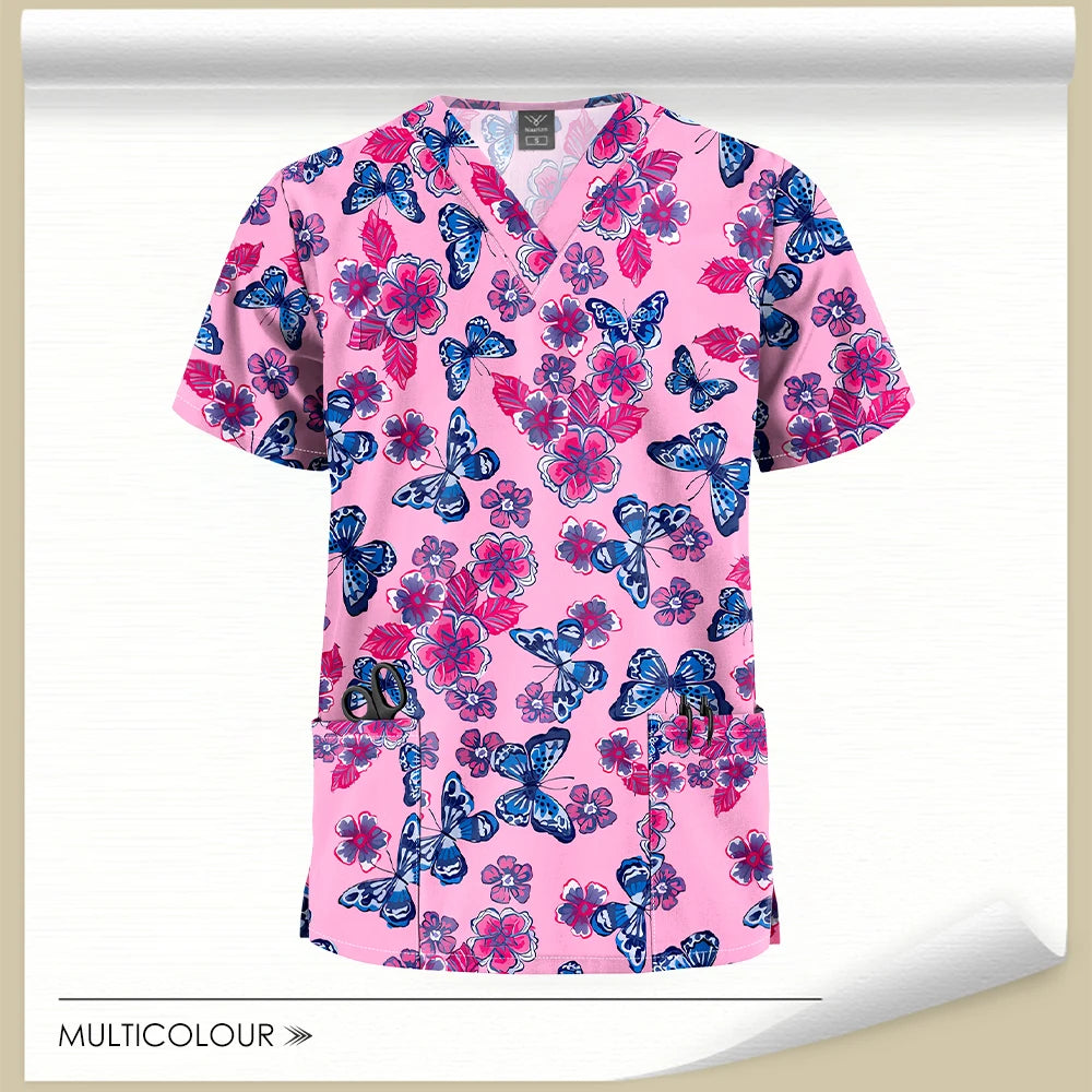 Stretch Cute Cartoon Print Nurse Uniforms Women Men T-shirts Pocket Casual Short Sleeve Pullover V-neck Scrubs Tops Lab Workwear