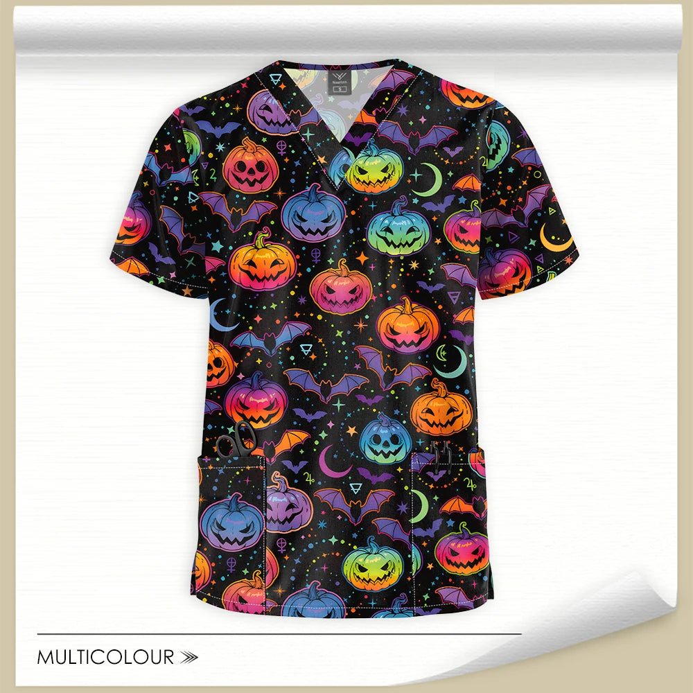 Stretch Cute Cartoon Print Nurse Uniforms Women Men T-shirts Pocket Casual Short Sleeve Pullover V-neck Scrubs Tops Lab Workwear