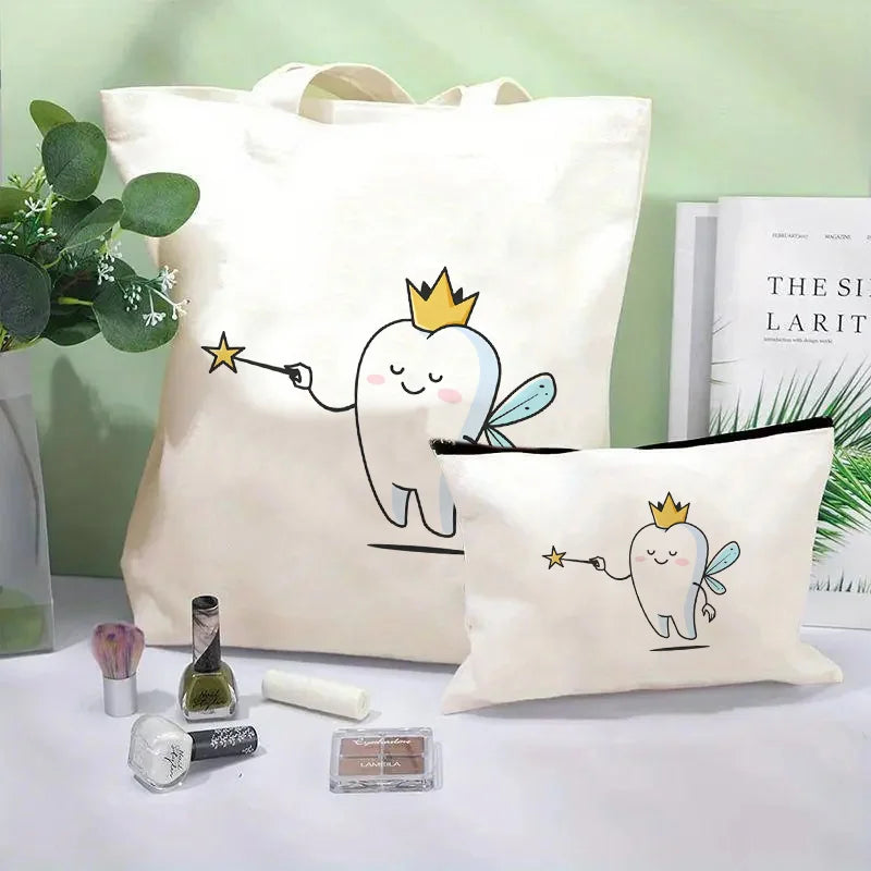 Tooth Dentist Printed Shoulder Bag, Reusable Foldable Shopping Tote Bag Lunch Box Bag Handbag with Wristlet Clutch Bag for Women