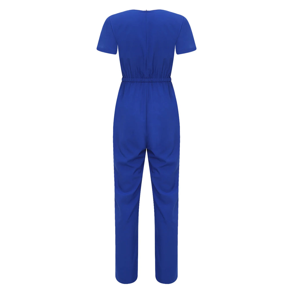 Women Scrubs Jumpsuit with Pockets Short Sleeve Drawstring Elastic Waist Long Pants Back Zipper Rompers for Nurse Doctor Medical