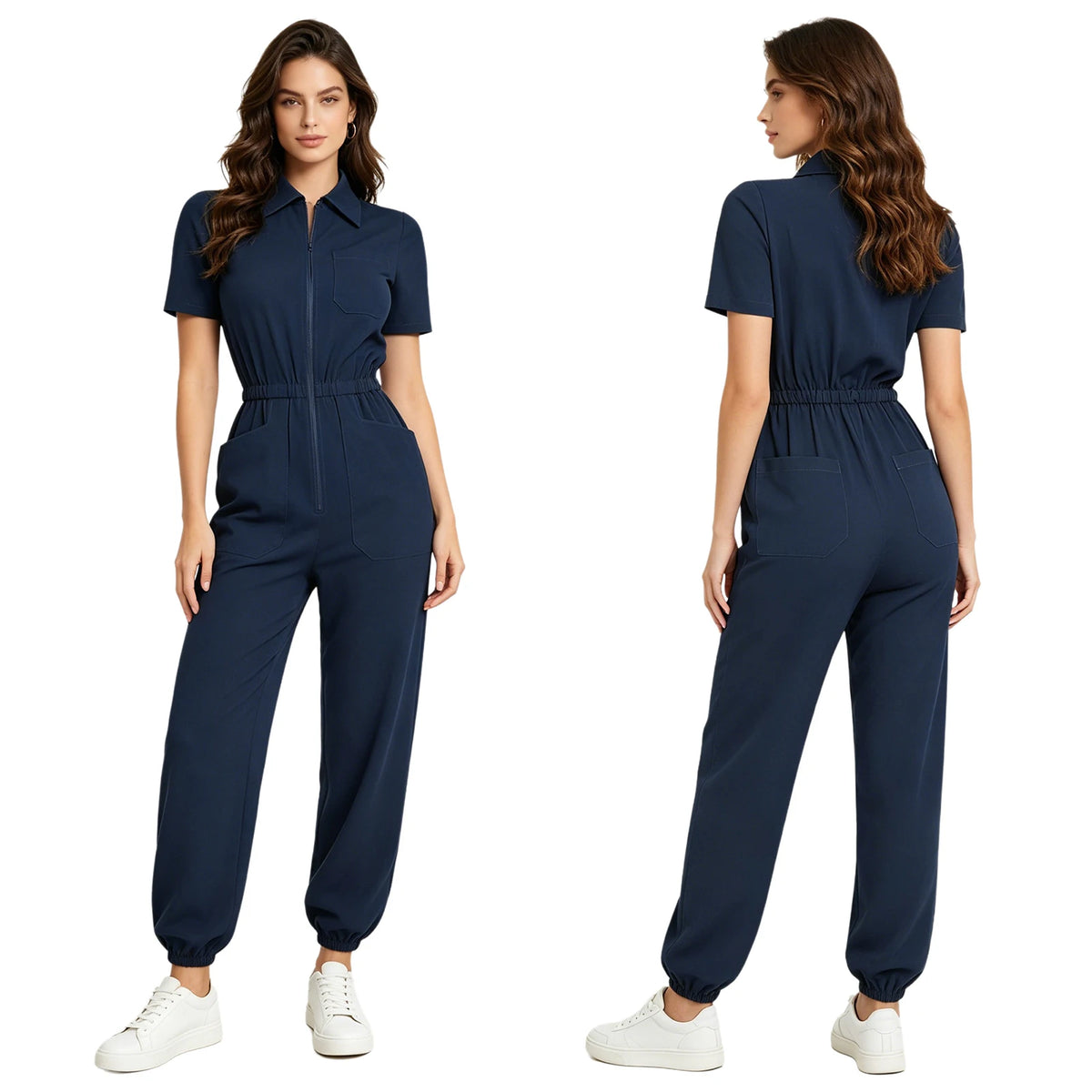 Women Nurse Doctor Esthetician Scrub Jumpsuit Workwear Short Sleeve Multi-pockets Elastic Waist Jogger Rompers Medical Uniform