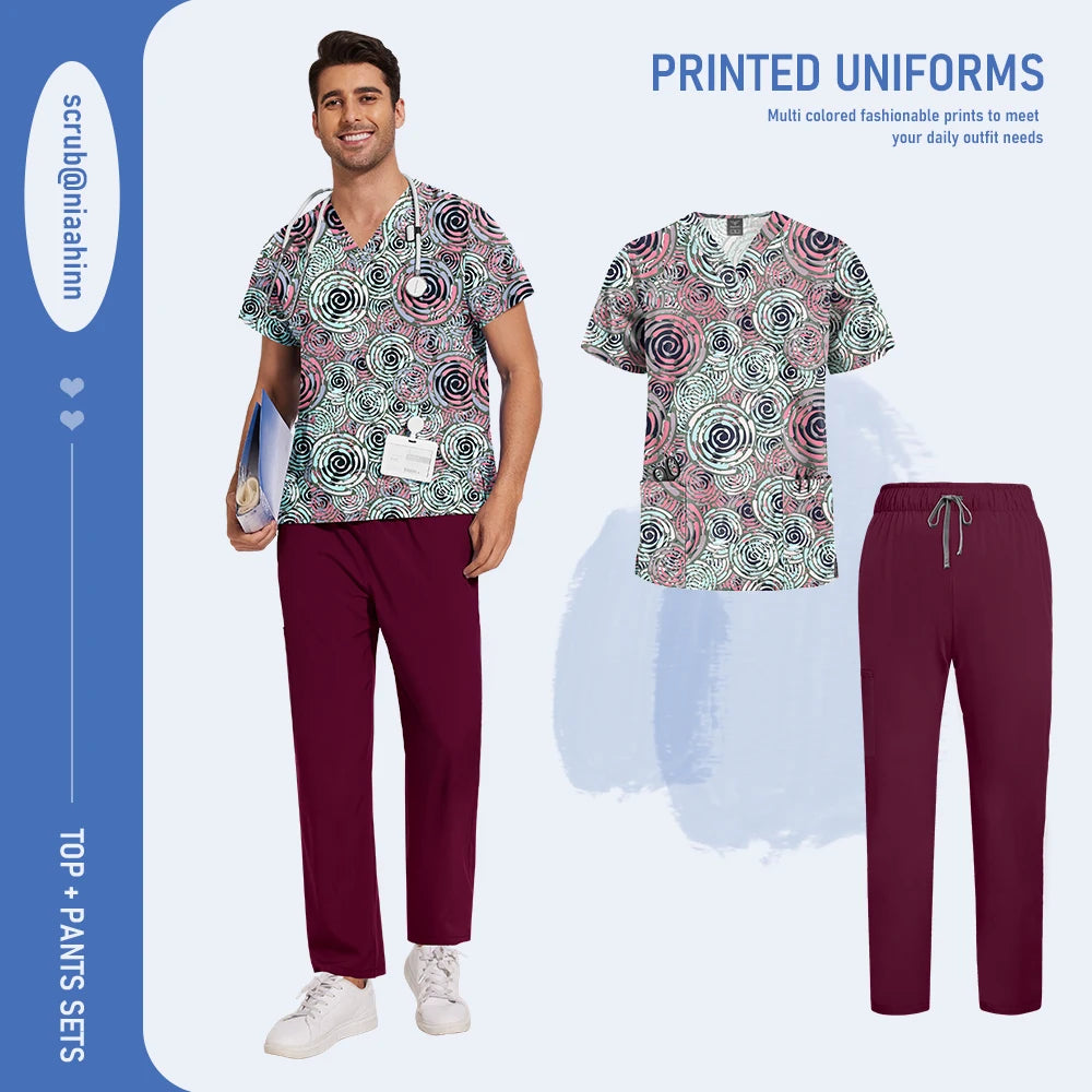 Mens Scrub Nursing Articles Nurse Doctor Work Uniform Unisex Hospital Set High Quality Printed Workwear Veterinary Lab Scrub Set