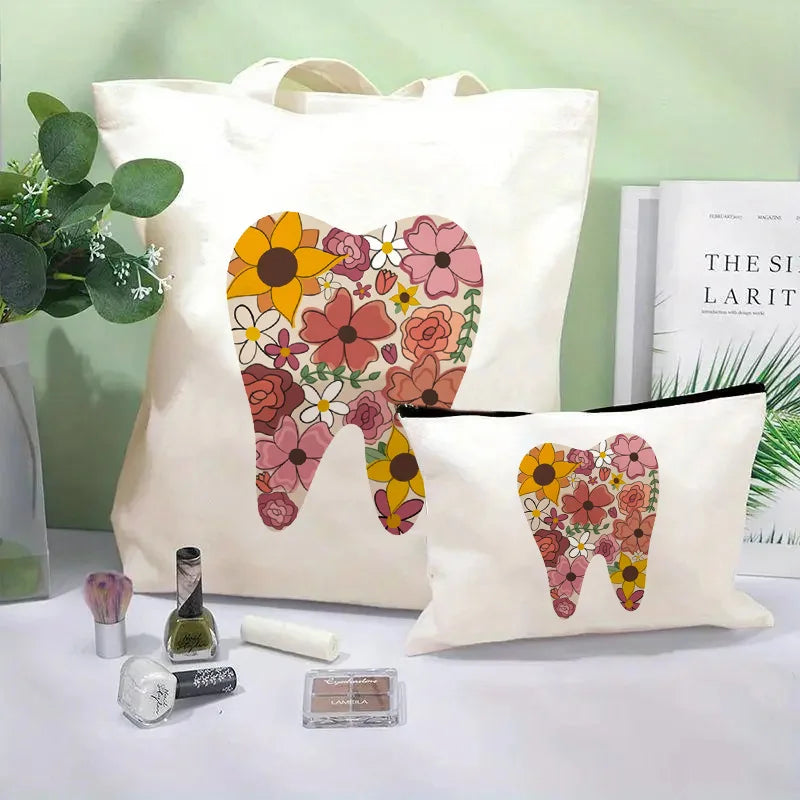 Tooth Dentist Printed Shoulder Bag, Reusable Foldable Shopping Tote Bag Lunch Box Bag Handbag with Wristlet Clutch Bag for Women