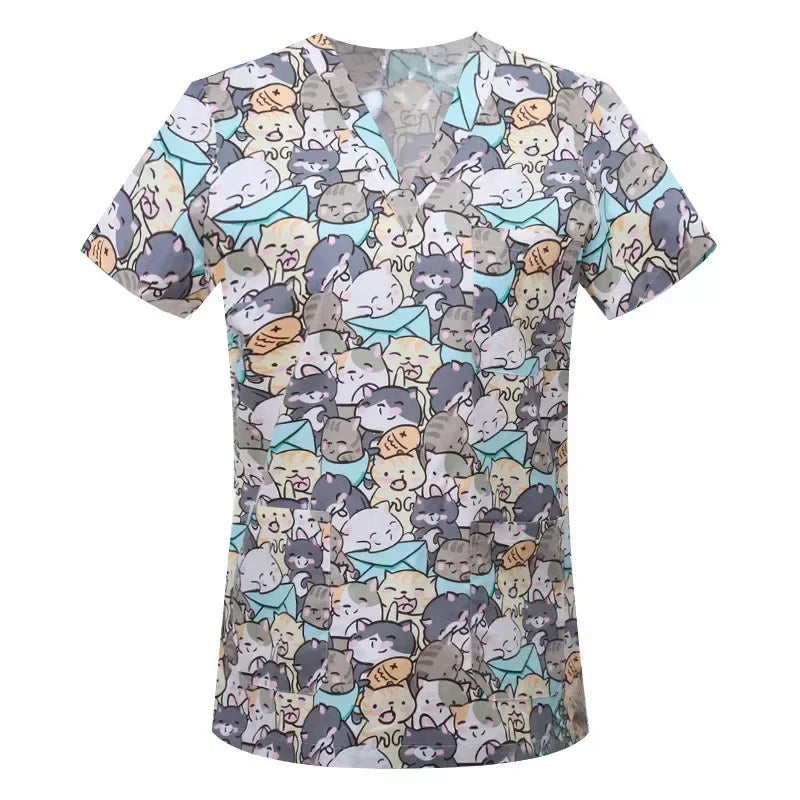 Medical Nurse Uniforms Women Men Print Scrub Shirts&Cap Clinical V-neck Blouse Floral Cartoon Pocket Scrubs Top Beauty Work Wear