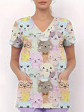 Women's Medical Uniforms Cute Cat Pattern Short Sleeve Top Summer Fashion V-Neck with Pockets Veterinary Surgical Uniforms Woman