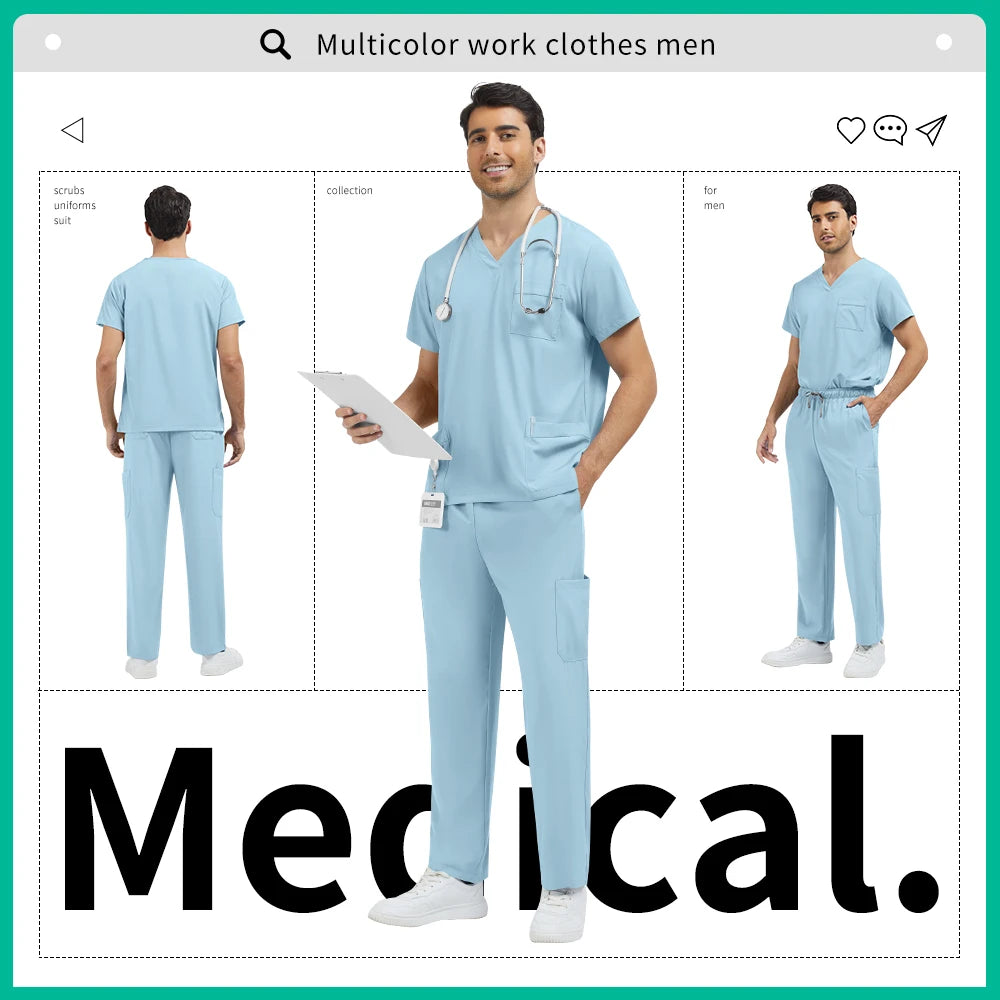 Medical Uniform Men Pet Hospital Doctor Tops Pants Clothes Soft Pharmacist Workwear Men Anesthetist Work Suit Uniform Scrubs Set