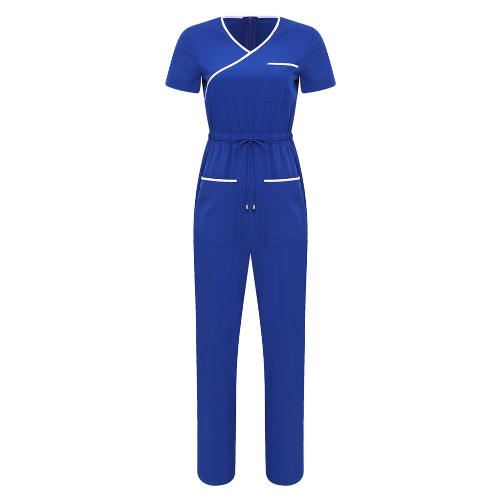 Women Scrubs Jumpsuit with Pockets Short Sleeve Drawstring Elastic Waist Long Pants Back Zipper Rompers for Nurse Doctor Medical