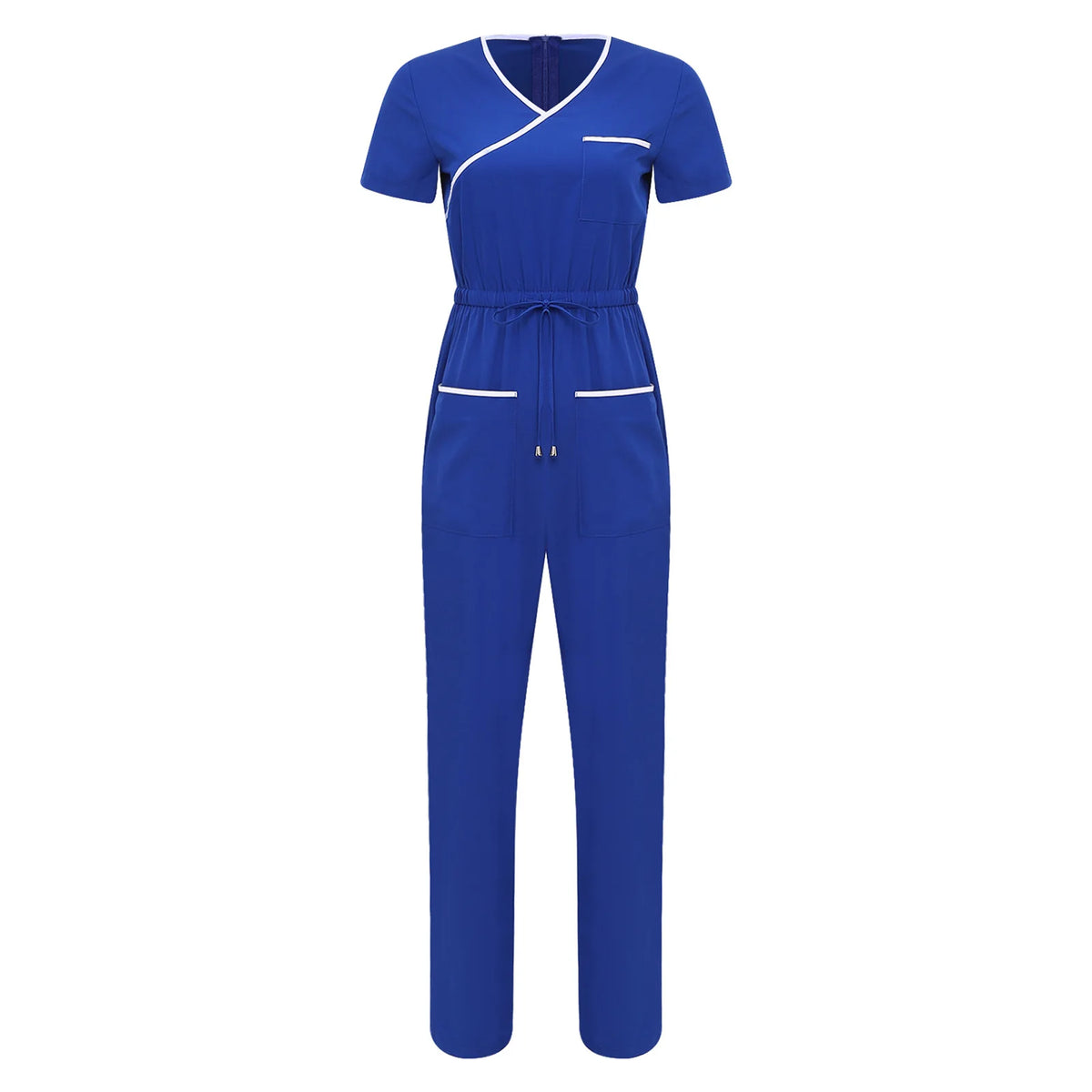 Women Scrubs Jumpsuit with Pockets Short Sleeve Drawstring Elastic Waist Long Pants Back Zipper Rompers for Nurse Doctor Medical