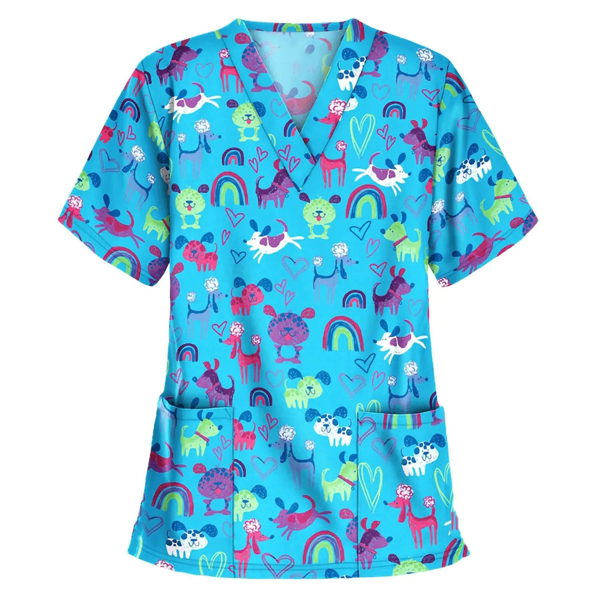 Medical Scrubs for Women Cute Animal Cartoon Print Vet Surgical Uniform Tops Fashion V-Neck Short Sleeve Scrub Pet Medical Woman