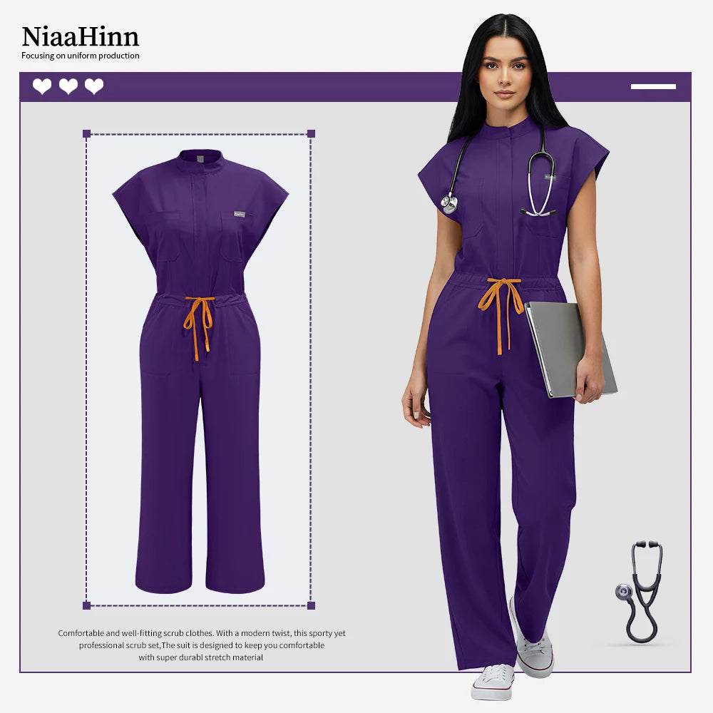 Niaahinn Operating Room Scrub Uniform Full Outfit & Veterinary Nurse Uniform with Bat Sleeve One-Piece Pet Grooming Work Clothes