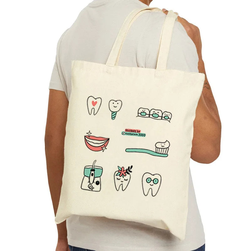 Tooth Dentist Printed Shoulder Bag, Reusable Foldable Shopping Tote Bag Lunch Box Bag Handbag with Wristlet Clutch Bag for Women