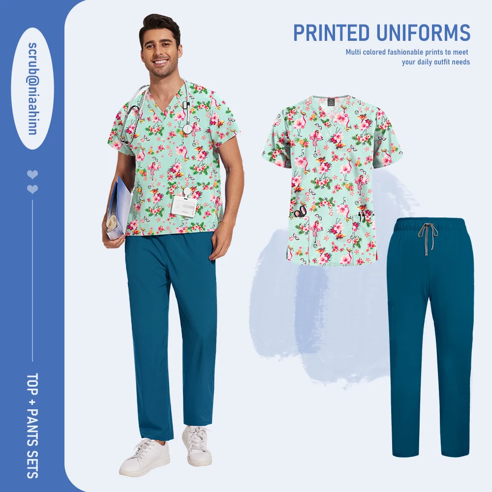 Mens Scrub Nursing Articles Nurse Doctor Work Uniform Unisex Hospital Set High Quality Printed Workwear Veterinary Lab Scrub Set