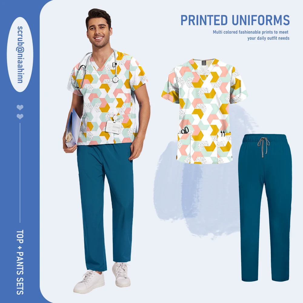 Mens Scrub Nursing Articles Nurse Doctor Work Uniform Unisex Hospital Set High Quality Printed Workwear Veterinary Lab Scrub Set