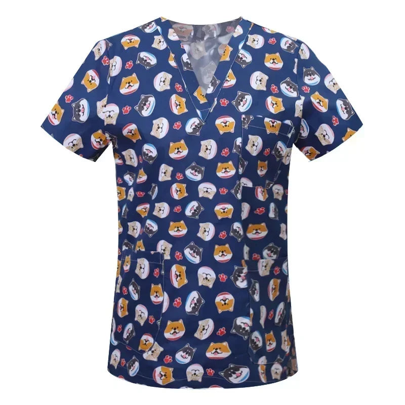 Medical Nurse Uniforms Women Men Print Scrub Shirts&Cap Clinical V-neck Blouse Floral Cartoon Pocket Scrubs Top Beauty Work Wear