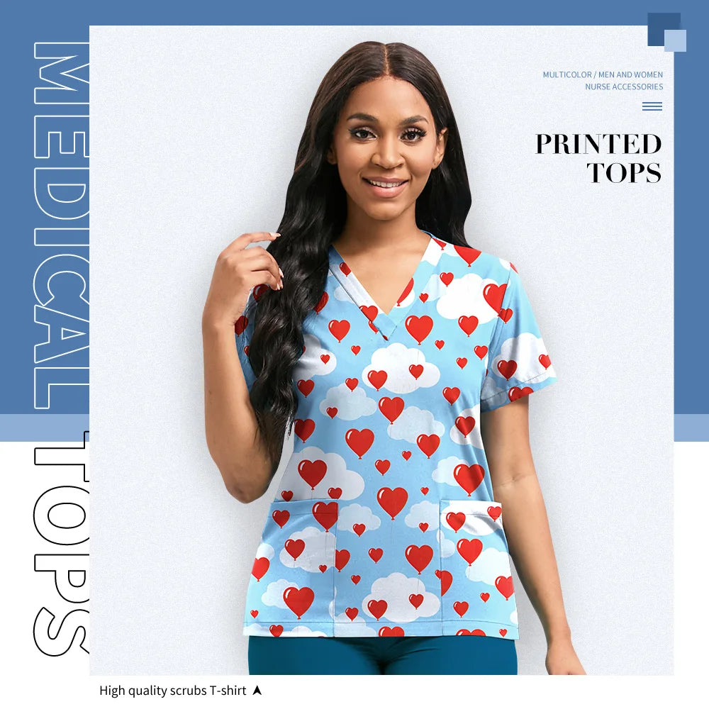Hospital Nurse Uniforms Women Medical Uniform Print Scrub Top Cotton Dental Clinic Work Clothes Mens Scrubs Short Sleeved Jacket