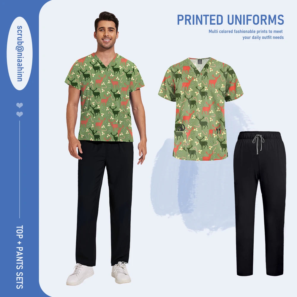 Mens Scrub Nursing Articles Nurse Doctor Work Uniform Unisex Hospital Set High Quality Printed Workwear Veterinary Lab Scrub Set