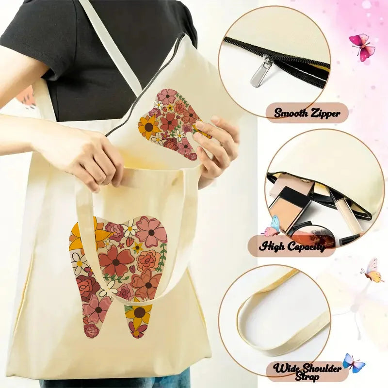 Tooth Dentist Printed Shoulder Bag, Reusable Foldable Shopping Tote Bag Lunch Box Bag Handbag with Wristlet Clutch Bag for Women