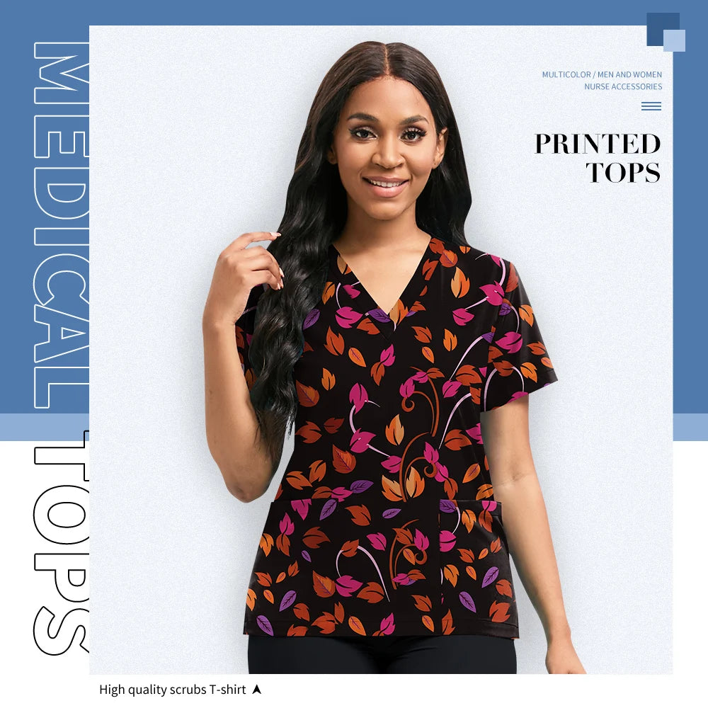 Hospital Nurse Uniforms Women Medical Uniform Print Scrub Top Cotton Dental Clinic Work Clothes Mens Scrubs Short Sleeved Jacket