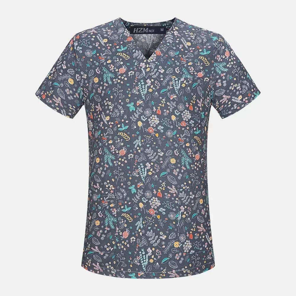 Medical Nurse Uniforms Women Men Print Scrub Shirts&Cap Clinical V-neck Blouse Floral Cartoon Pocket Scrubs Top Beauty Work Wear