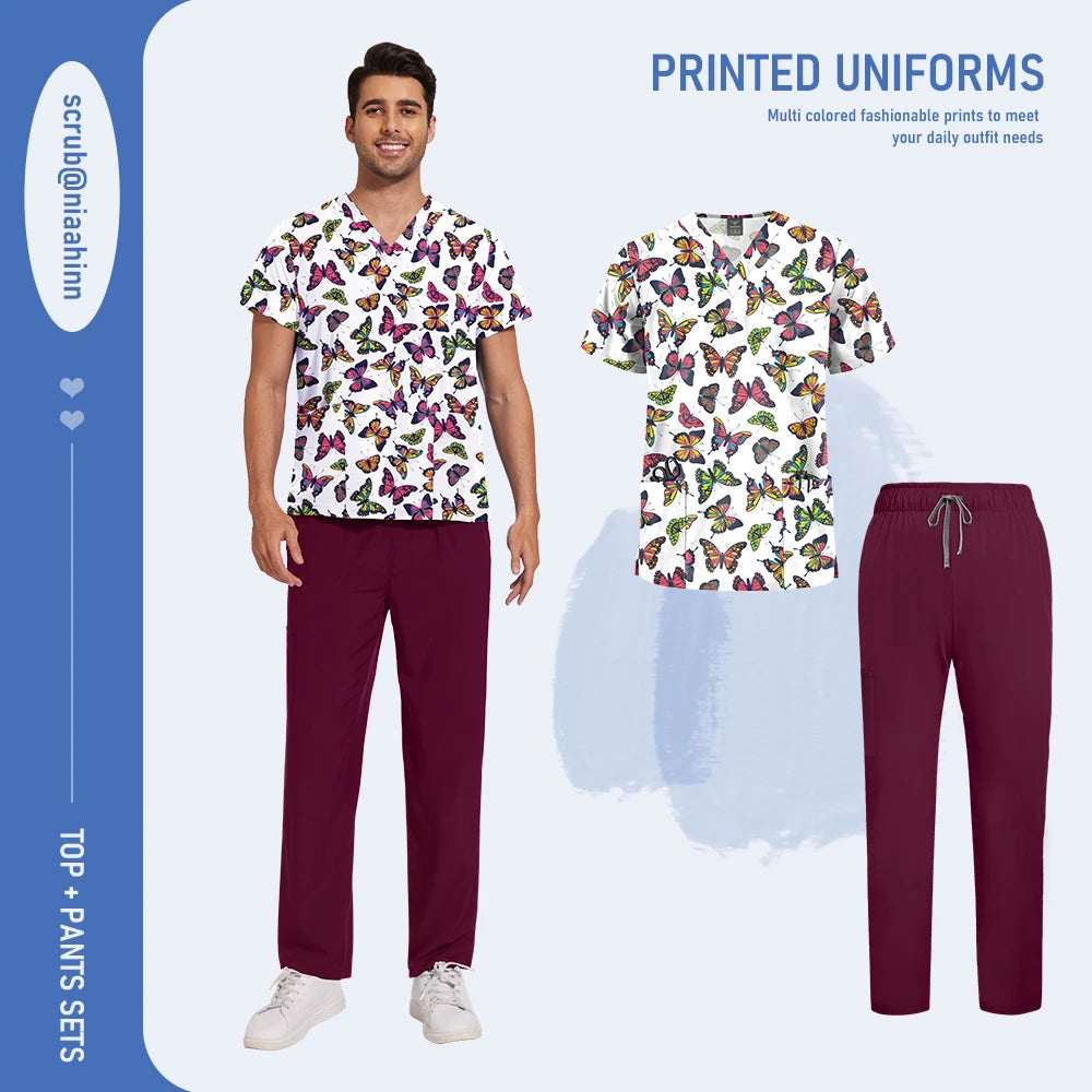 Mens Scrub Nursing Articles Nurse Doctor Work Uniform Unisex Hospital Set High Quality Printed Workwear Veterinary Lab Scrub Set