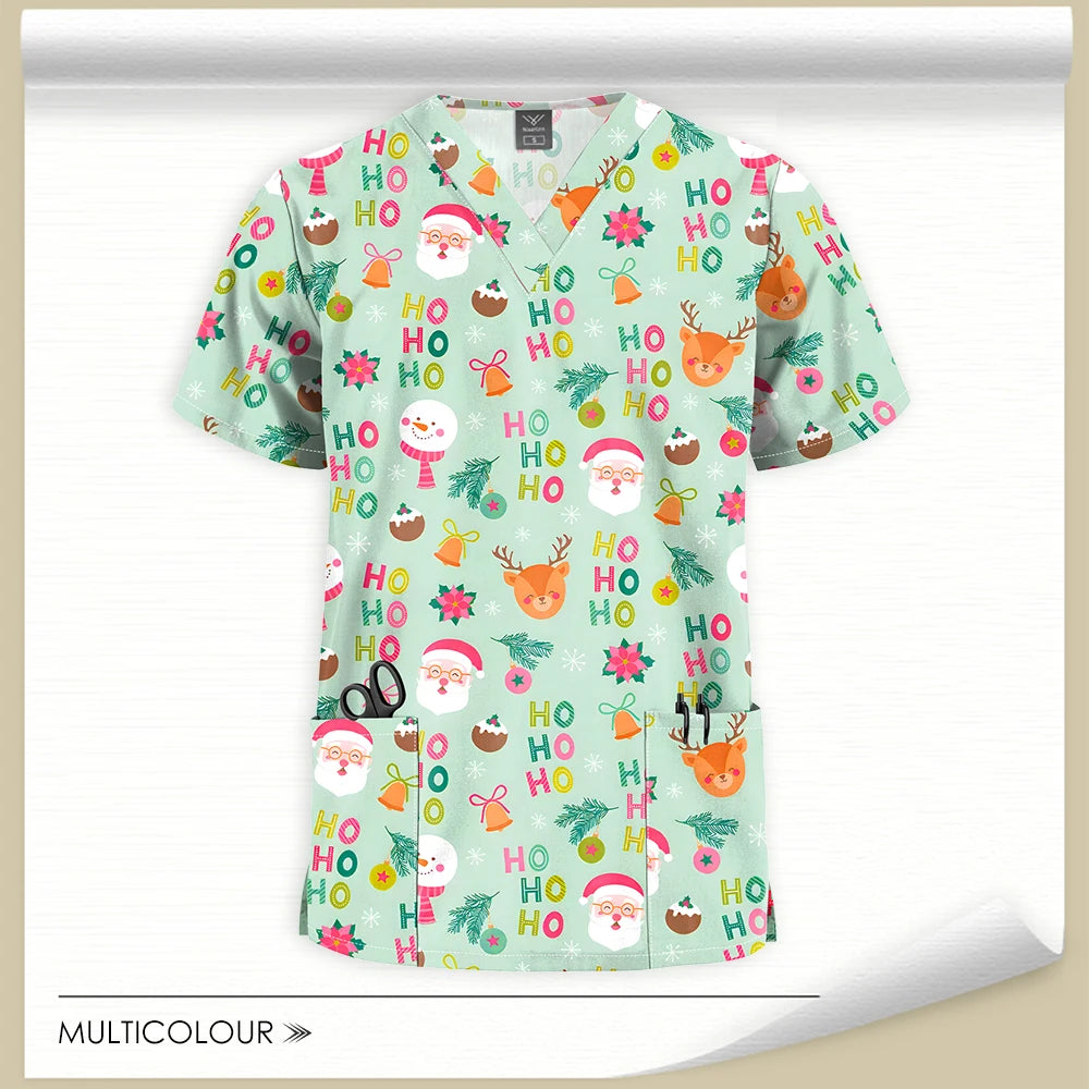 Stretch Cute Cartoon Print Nurse Uniforms Women Men T-shirts Pocket Casual Short Sleeve Pullover V-neck Scrubs Tops Lab Workwear
