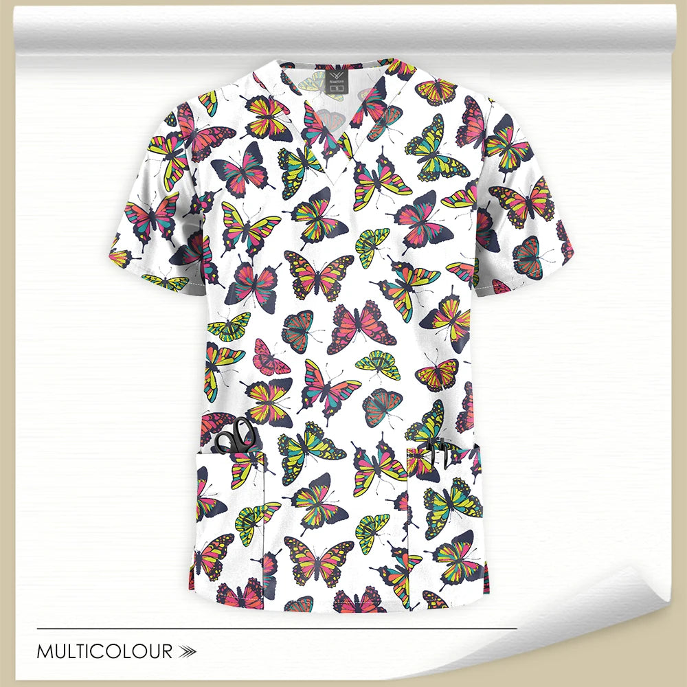 Stretch Cute Cartoon Print Nurse Uniforms Women Men T-shirts Pocket Casual Short Sleeve Pullover V-neck Scrubs Tops Lab Workwear