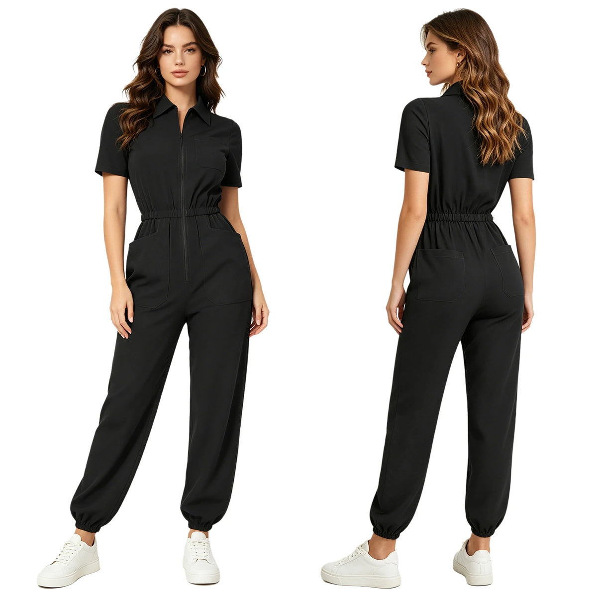 Women Nurse Doctor Esthetician Scrub Jumpsuit Workwear Short Sleeve Multi-pockets Elastic Waist Jogger Rompers Medical Uniform