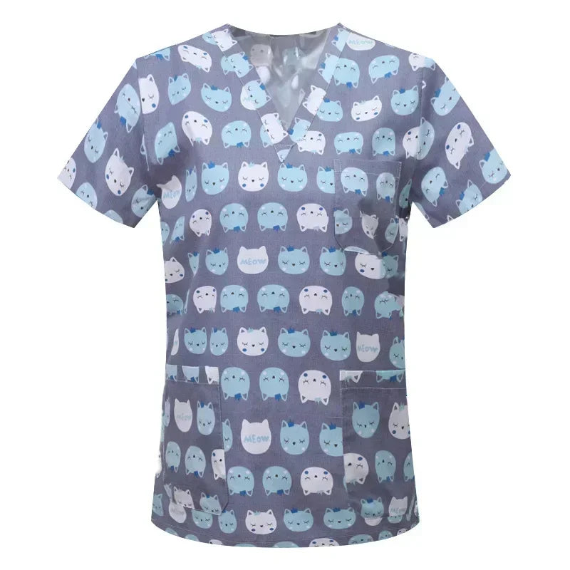 Medical Nurse Uniforms Women Men Print Scrub Shirts&Cap Clinical V-neck Blouse Floral Cartoon Pocket Scrubs Top Beauty Work Wear