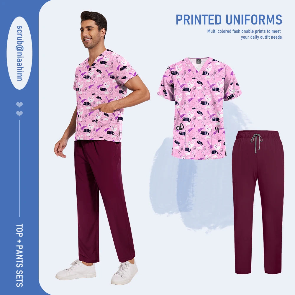 Mens Scrub Nursing Articles Nurse Doctor Work Uniform Unisex Hospital Set High Quality Printed Workwear Veterinary Lab Scrub Set