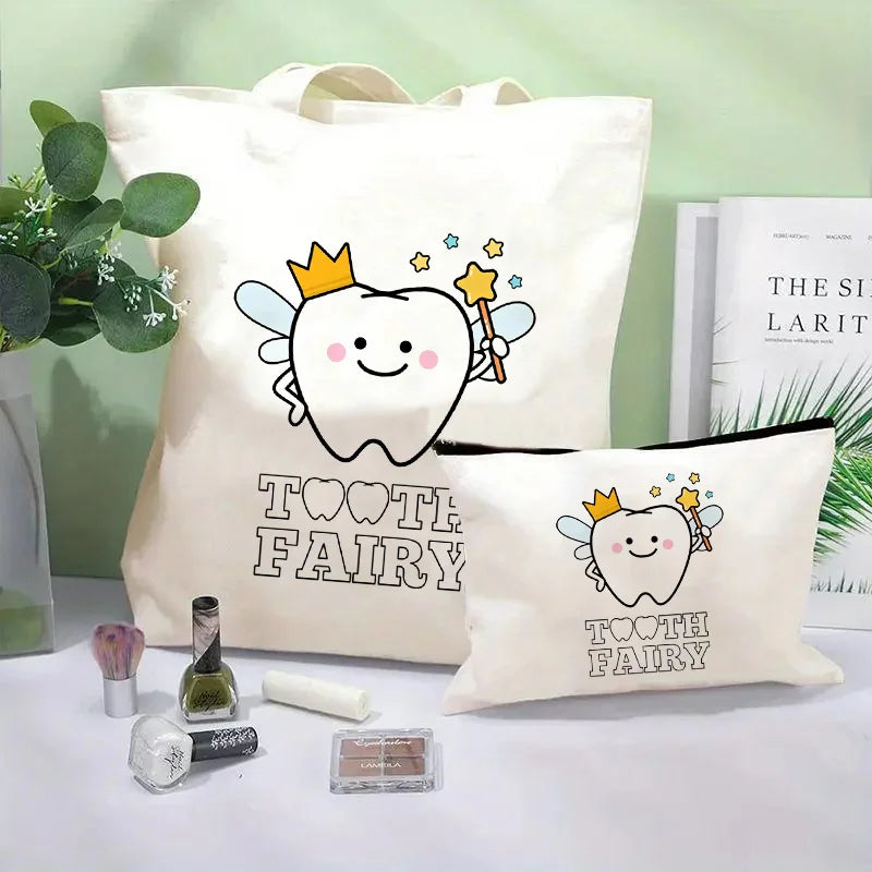 Tooth Dentist Printed Shoulder Bag, Reusable Foldable Shopping Tote Bag Lunch Box Bag Handbag with Wristlet Clutch Bag for Women