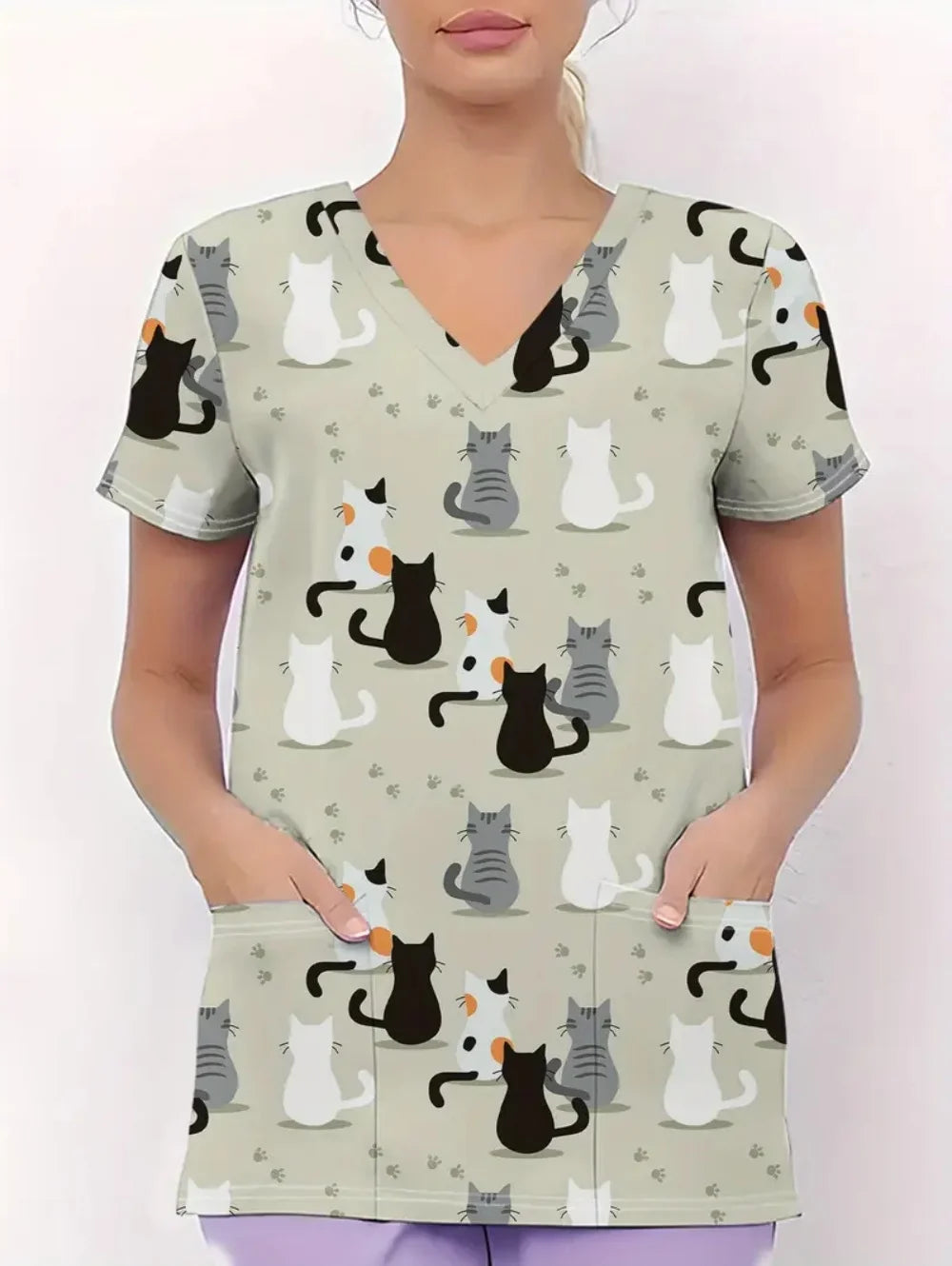 Women's Medical Uniforms Cute Cat Pattern Short Sleeve Top Summer Fashion V-Neck with Pockets Veterinary Surgical Uniforms Woman