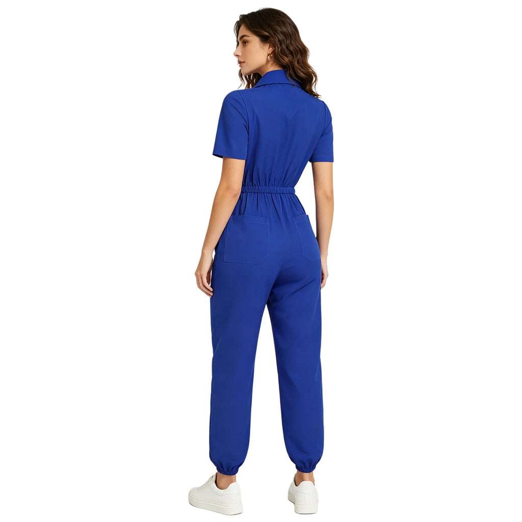 Women Short Sleeve Scrub Jumpsuit Multi-pockets Zipper Elastic Waist Jogger Pants Rompers Nurse Doctor Workwear Medical Uniform