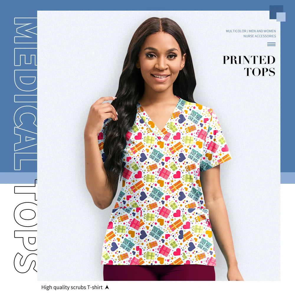 Hospital Nurse Uniforms Women Medical Uniform Print Scrub Top Cotton Dental Clinic Work Clothes Mens Scrubs Short Sleeved Jacket